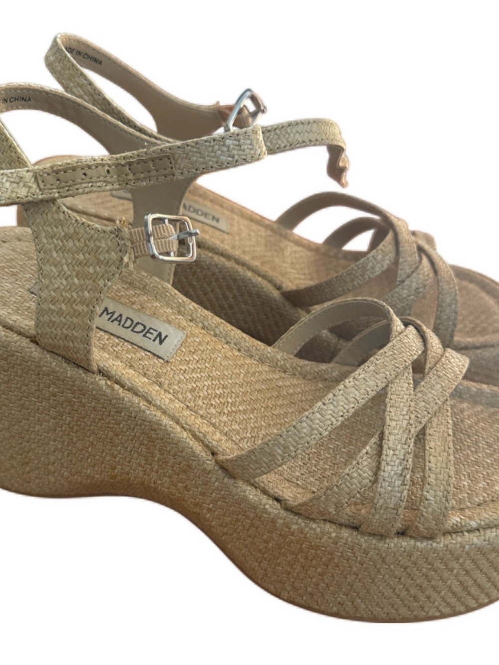 Steve Madden Beige Woven Platform Ankle-Strap Sandals